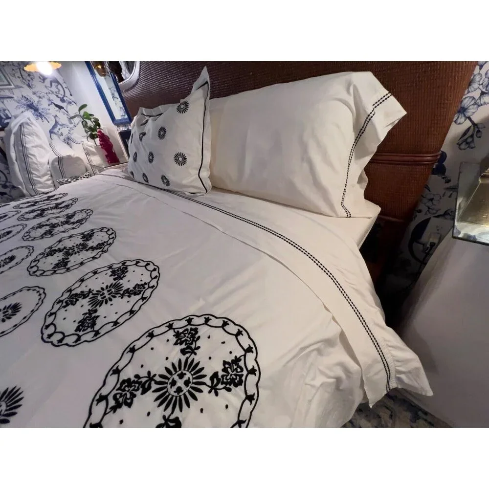 MARTHA STEWART King Size Duvet + 1 Sham Embroidered 100% Egyptian Cotton Black